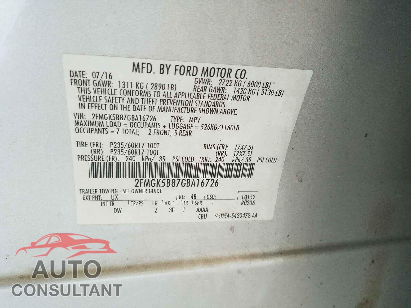 FORD FLEX 2016 - 2FMGK5B87GBA16726