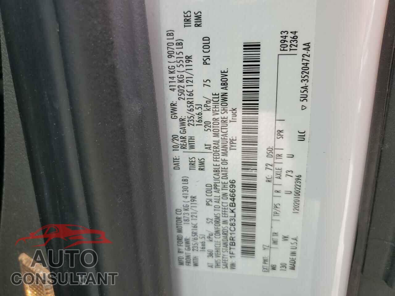 FORD TRANSIT 2020 - 1FTBR1C83LKB46696