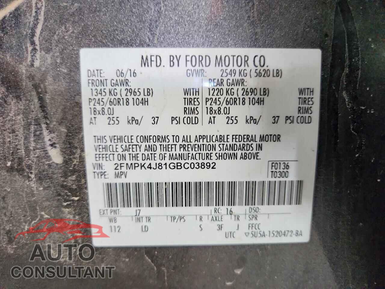 FORD EDGE 2016 - 2FMPK4J81GBC03892
