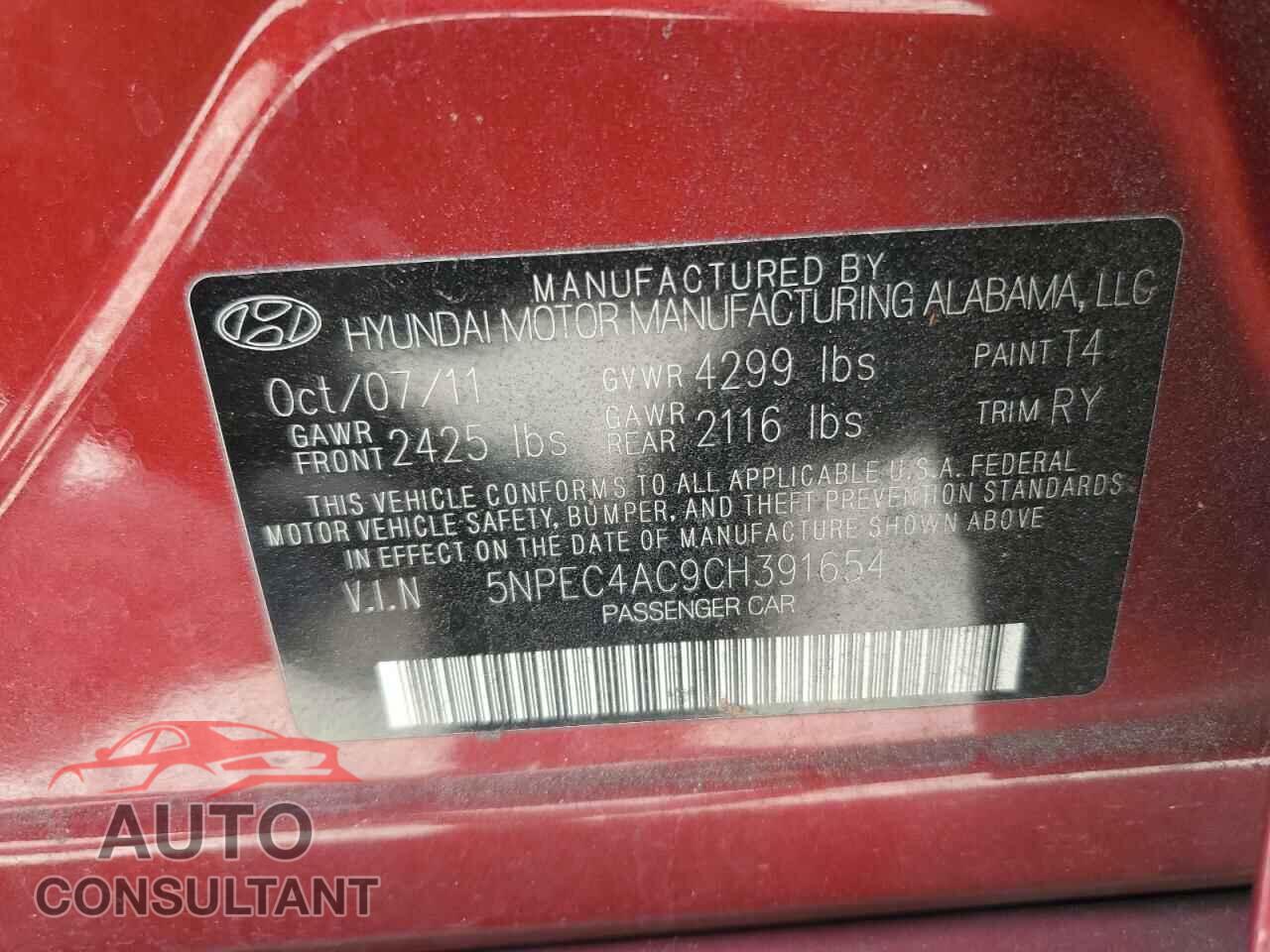 HYUNDAI SONATA 2012 - 5NPEC4AC9CH391654