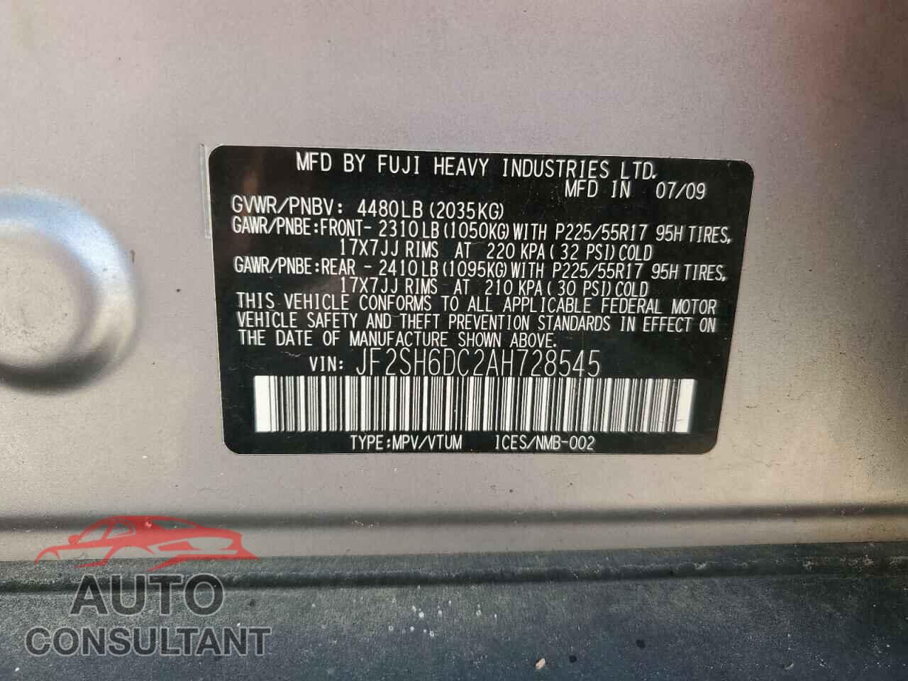 SUBARU FORESTER 2010 - JF2SH6DC2AH728545