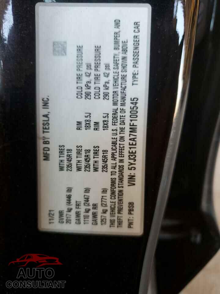 TESLA MODEL 3 2021 - 5YJ3E1EA7MF100545