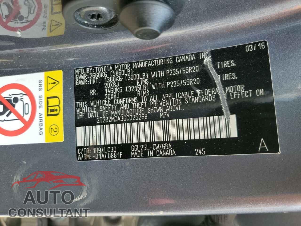 LEXUS RX350 2016 - 2T2BZMCA3GC025268