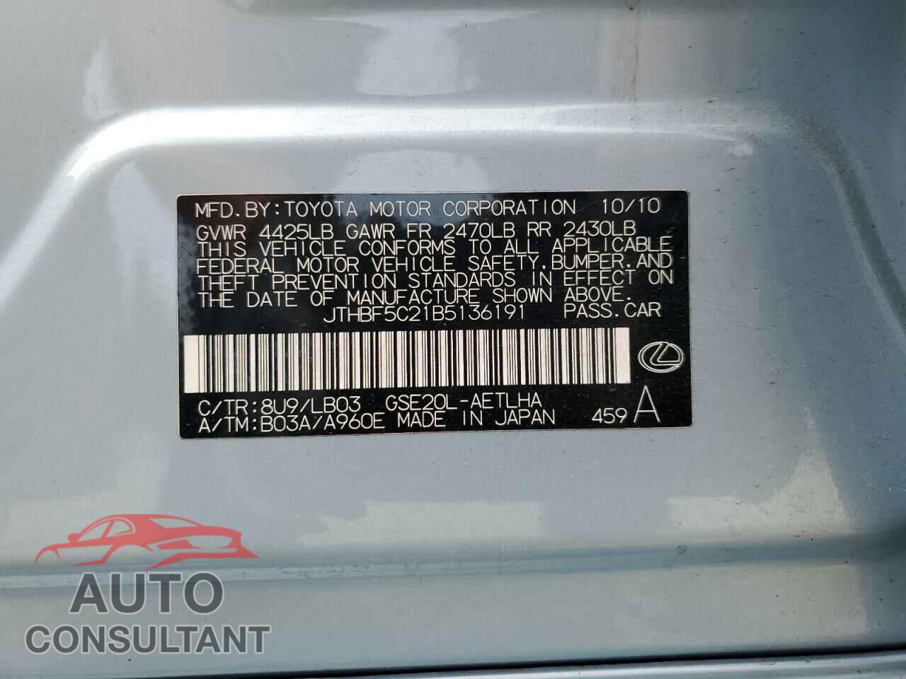 LEXUS IS 2011 - JTHBF5C21B5136191