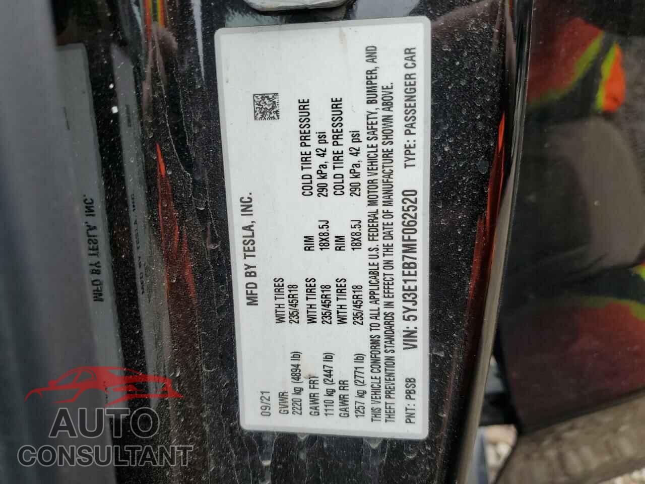 TESLA MODEL 3 2021 - 5YJ3E1EB7MF062520