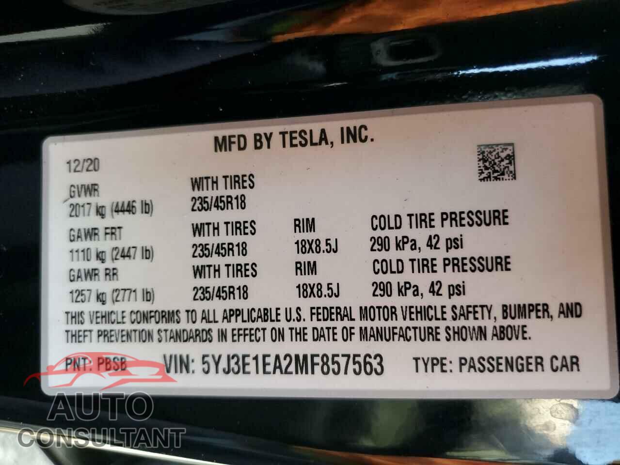 TESLA MODEL 3 2021 - 5YJ3E1EA2MF857563