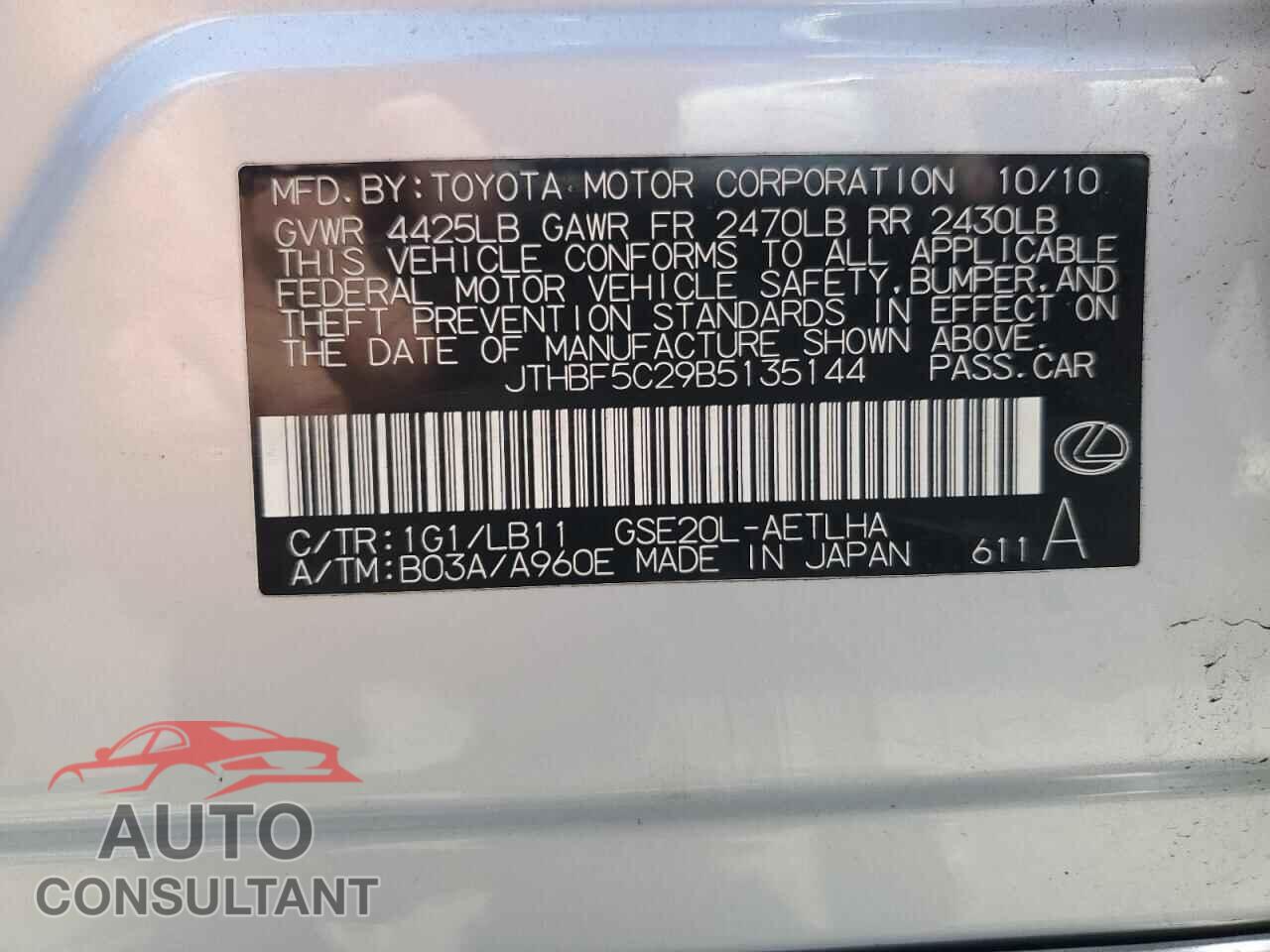 LEXUS IS 2011 - JTHBF5C29B5135144