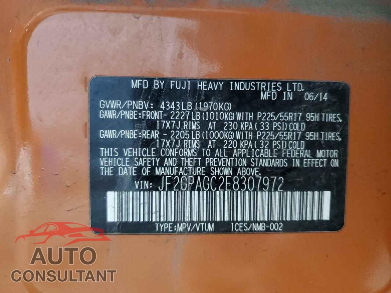 SUBARU XV 2014 - JF2GPAGC2E8307972