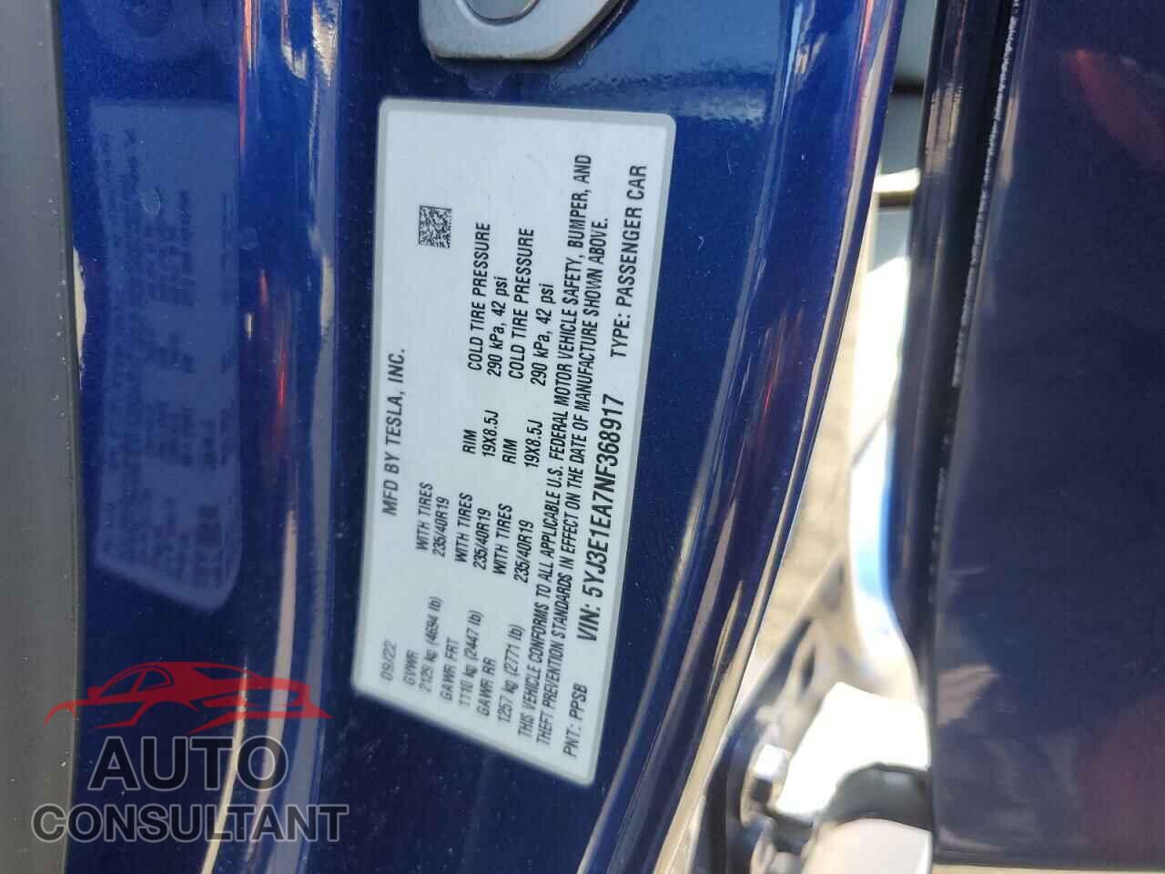 TESLA MODEL 3 2022 - 5YJ3E1EA7NF368917