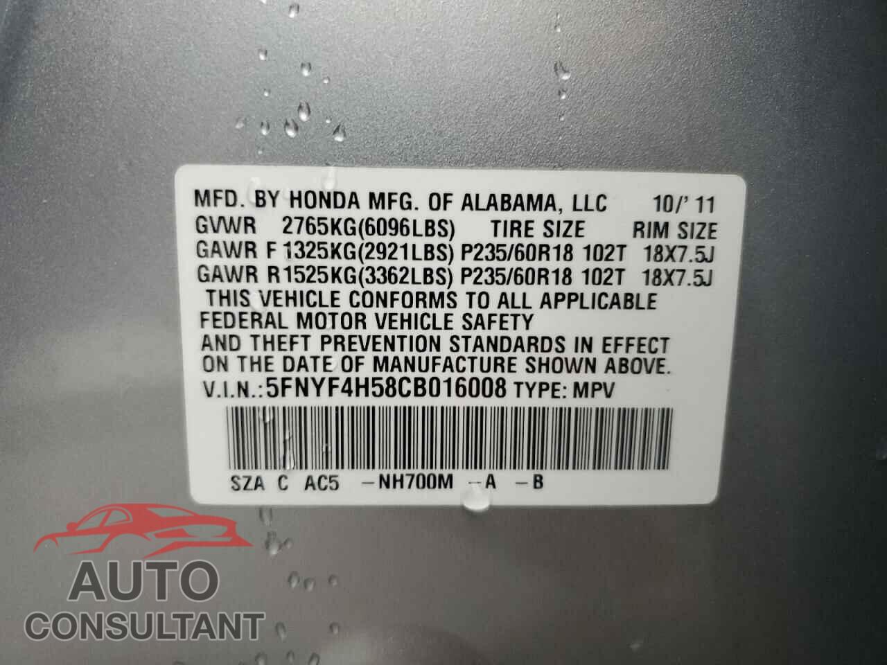 HONDA PILOT 2012 - 5FNYF4H58CB016008