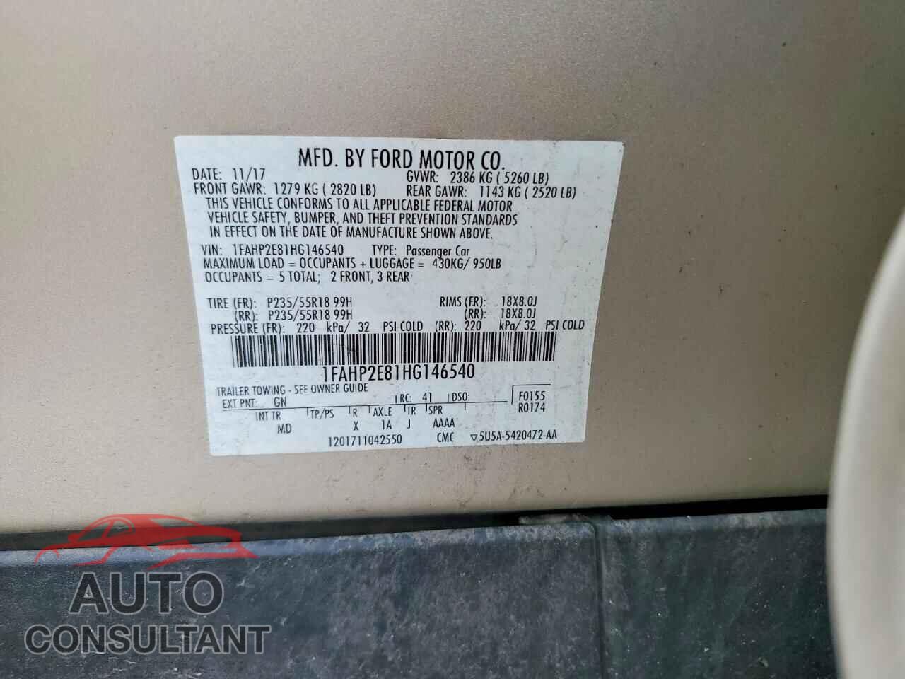 FORD TAURUS 2017 - 1FAHP2E81HG146540