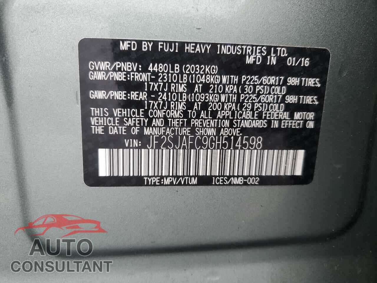 SUBARU FORESTER 2016 - JF2SJAFC9GH514598