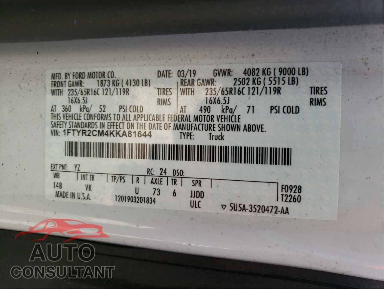 FORD TRANSIT CO 2019 - 1FTYR2CM4KKA81644