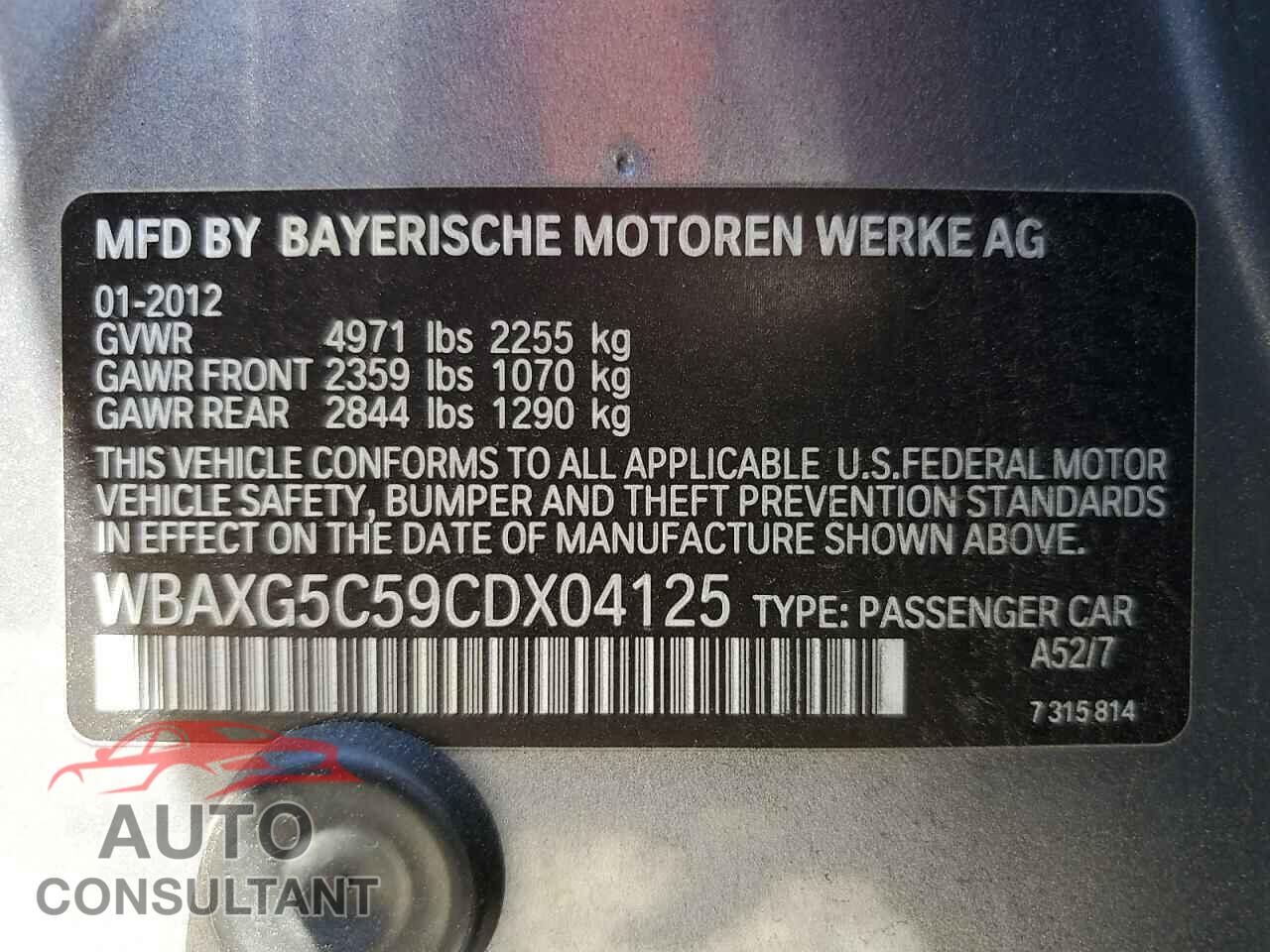 BMW 5 SERIES 2012 - WBAXG5C59CDX04125
