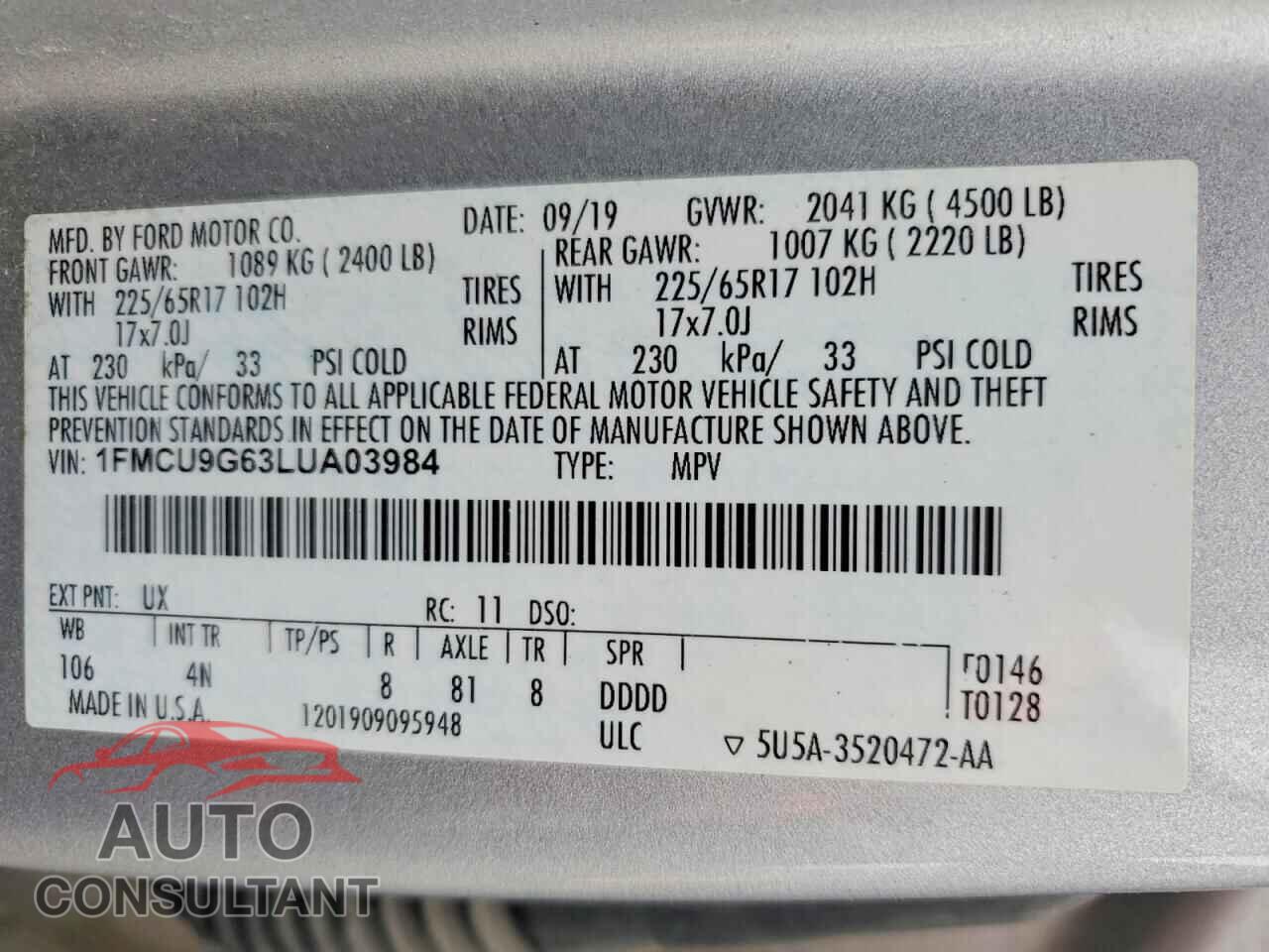 FORD ESCAPE 2020 - 1FMCU9G63LUA03984