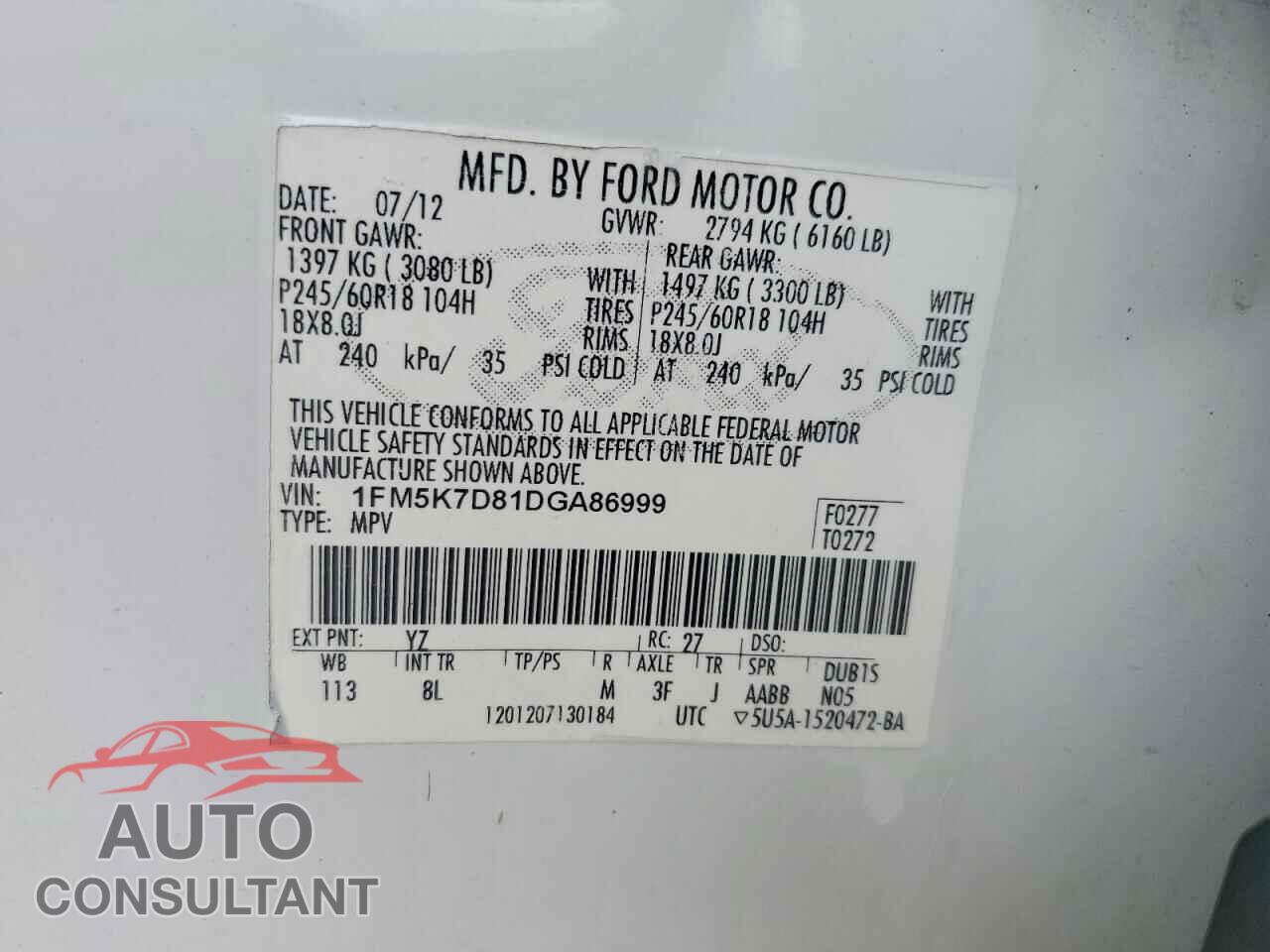FORD EXPL 4D 2013 - 1FM5K7D81DGA86999