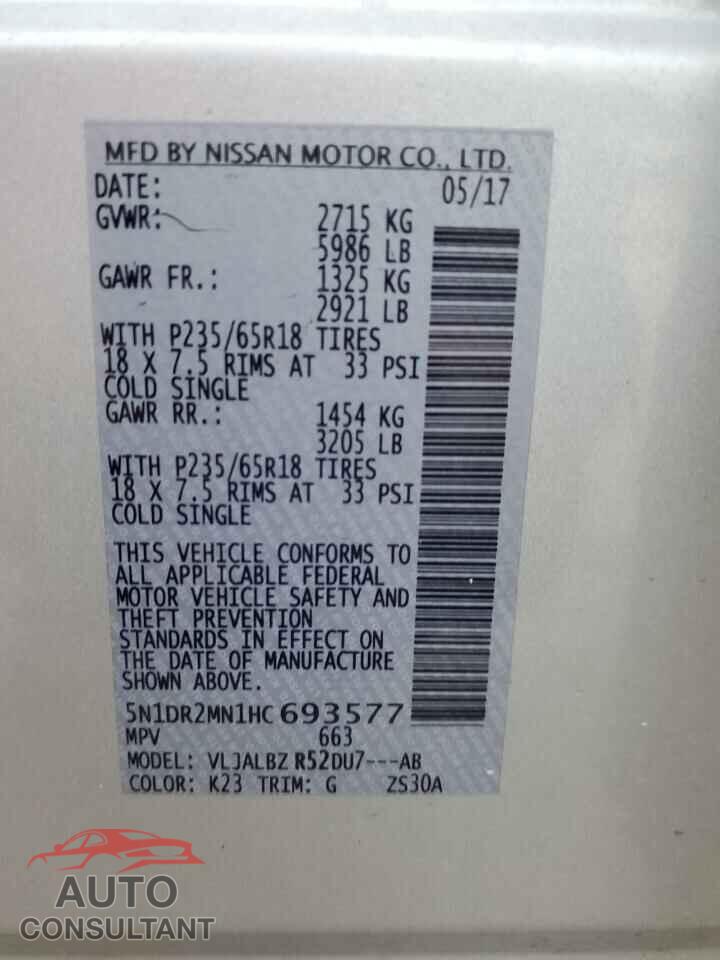 NISSAN PATHFINDER 2017 - 5N1DR2MN1HC693577