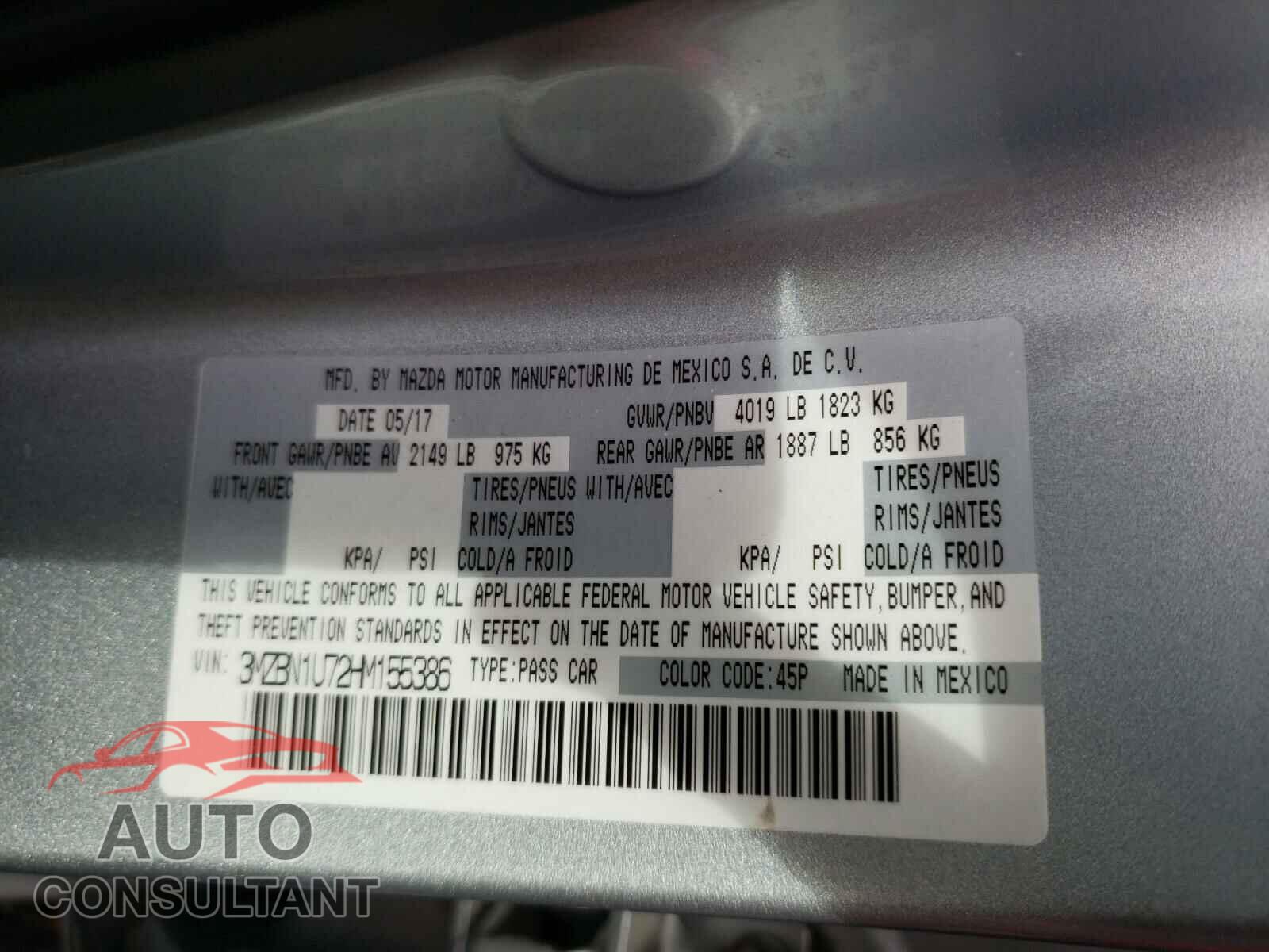 MAZDA 3 2017 - 3MZBN1U72HM155386