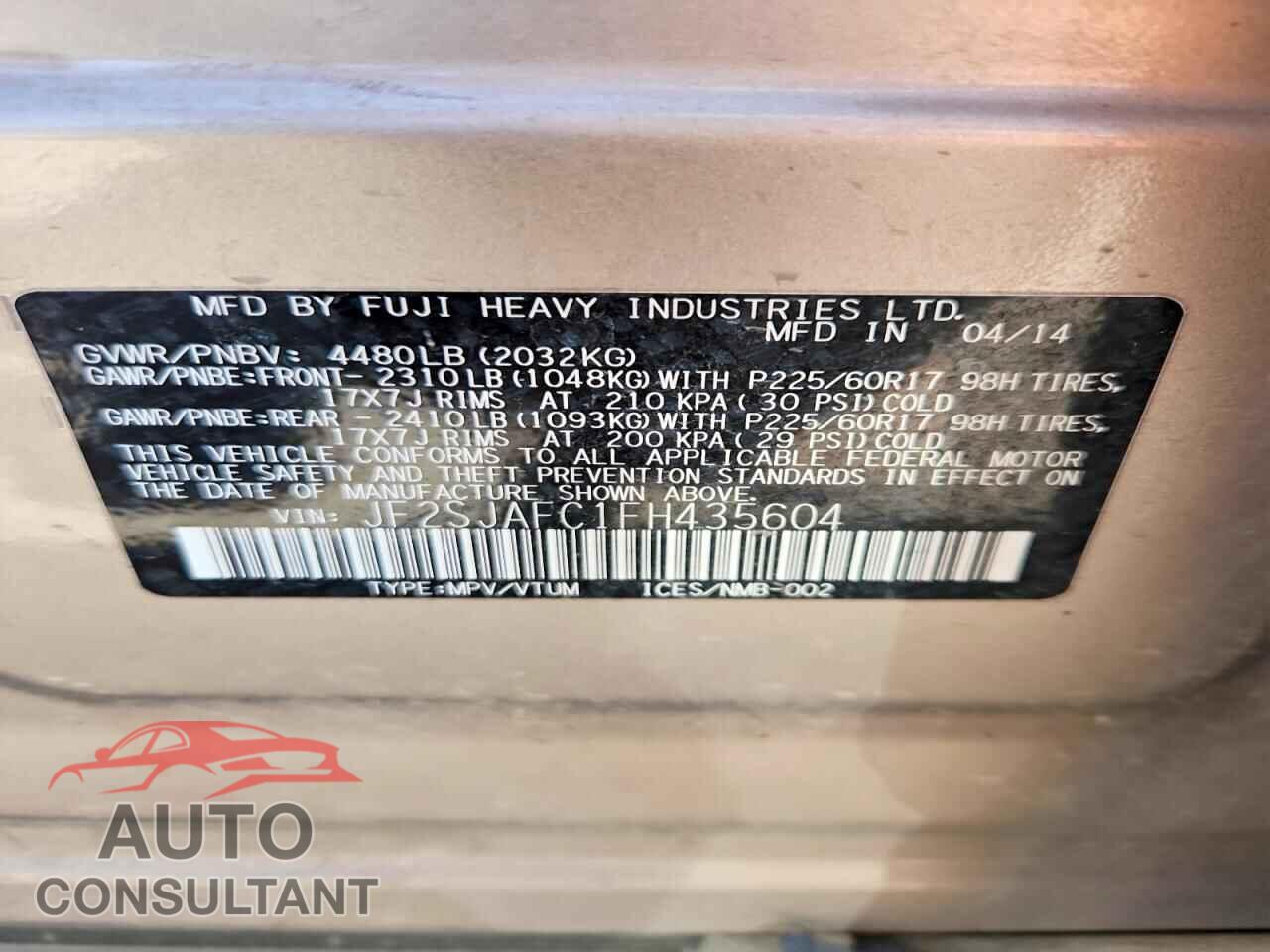 SUBARU FORESTER 2015 - JF2SJAFC1FH435604