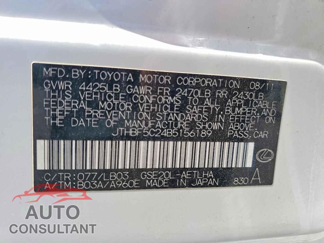 LEXUS IS 2011 - JTHBF5C24B5156189
