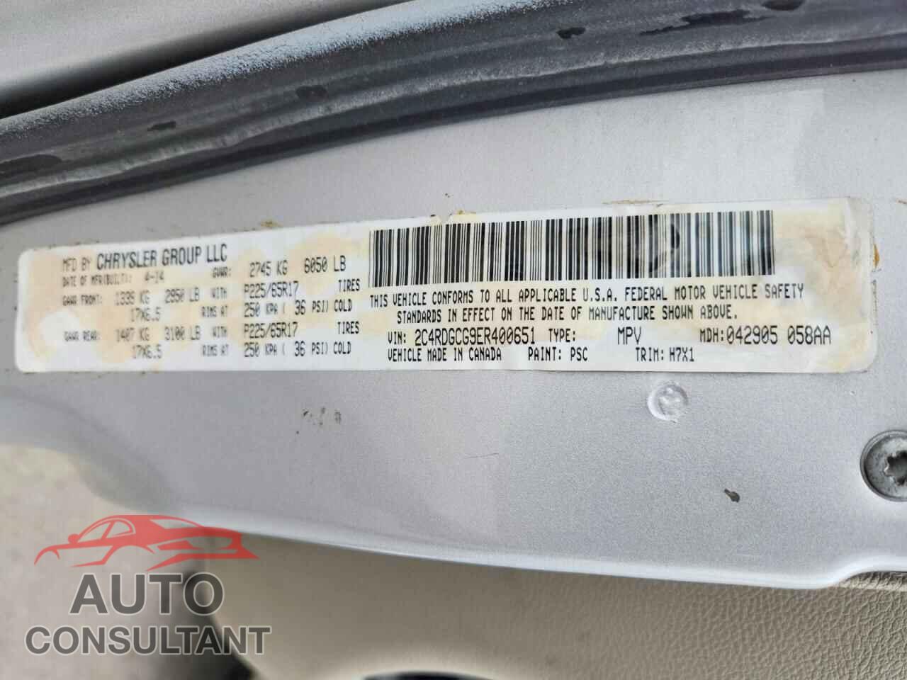 DODGE CARAVAN 2014 - 2C4RDGCG9ER400651