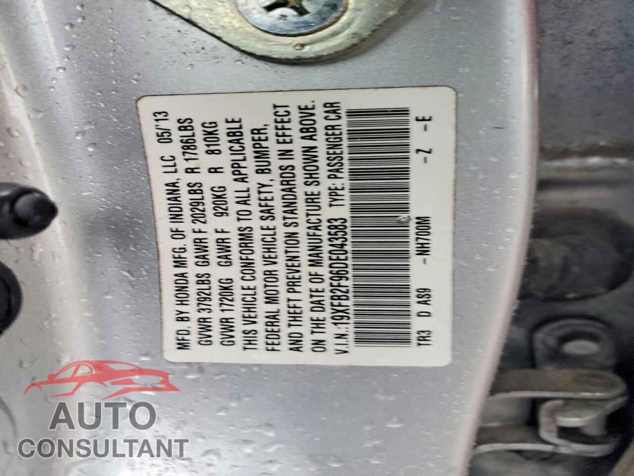 HONDA CIVIC 2013 - 19XFB2F96DE043583