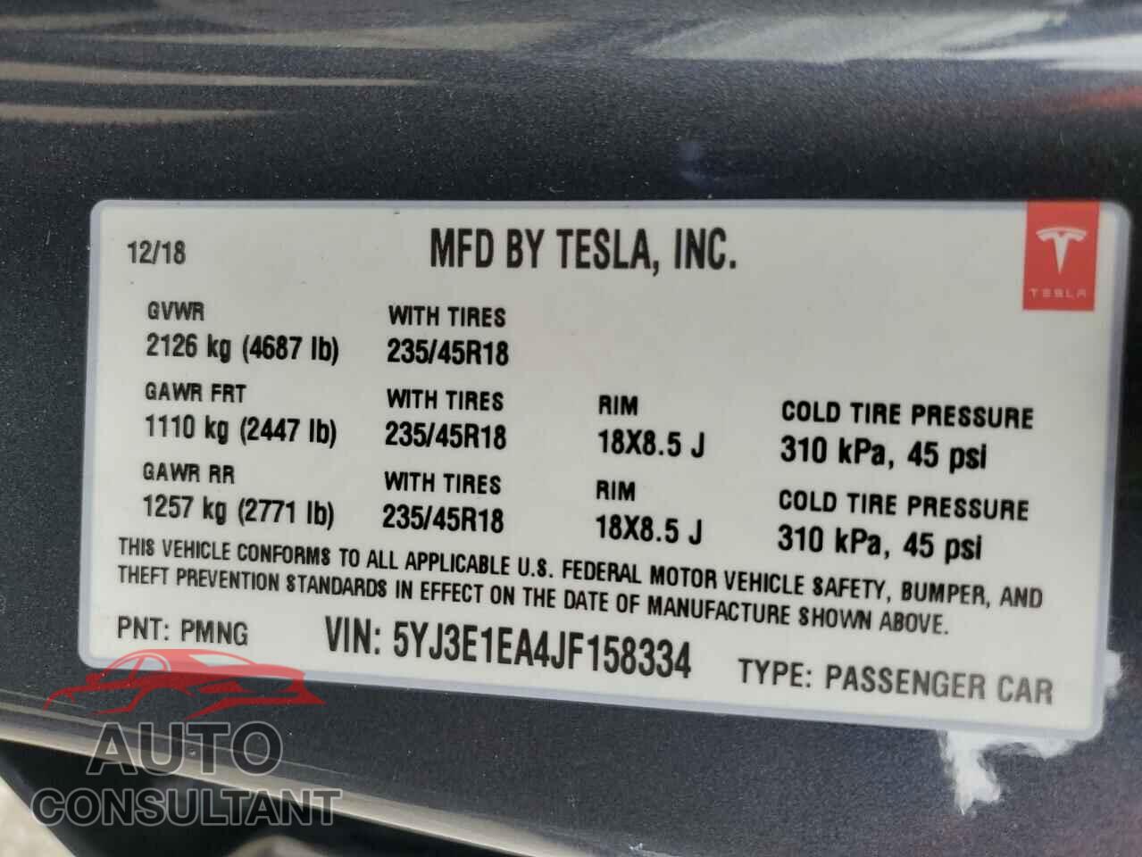 TESLA MODEL 3 2018 - 5YJ3E1EA4JF158334