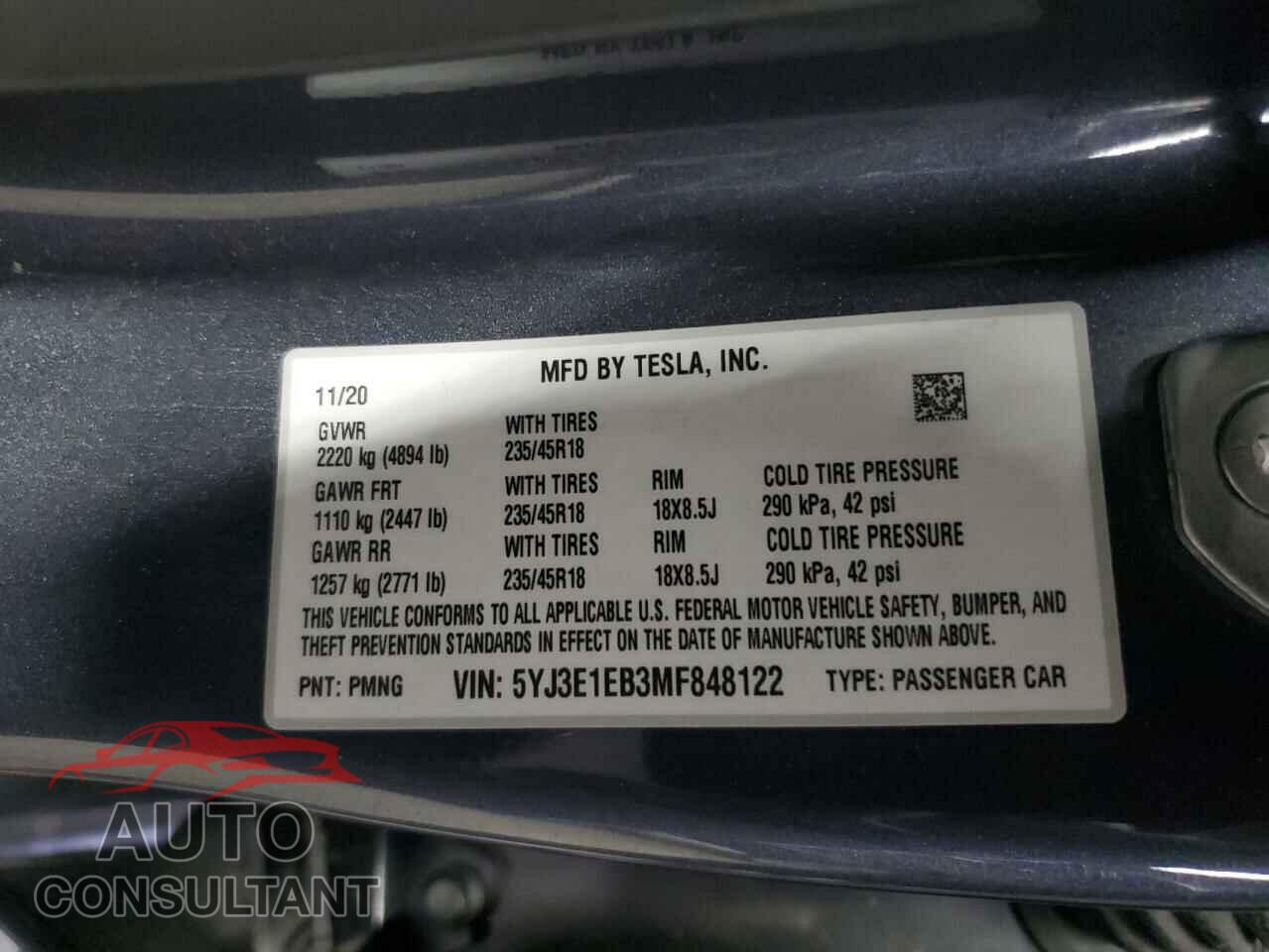 TESLA MODEL 3 2021 - 5YJ3E1EB3MF848122