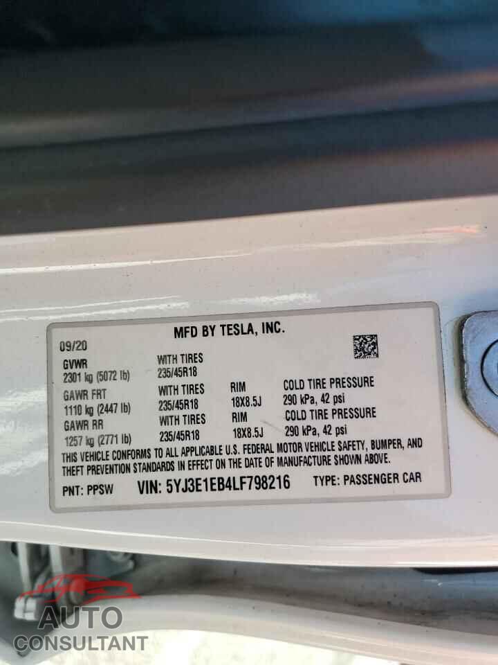 TESLA MODEL 3 2020 - 5YJ3E1EB4LF798216