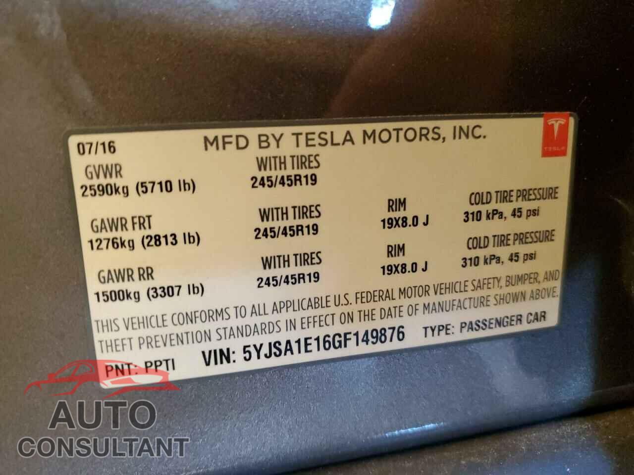 TESLA MODEL S 2016 - 5YJSA1E16GF149876
