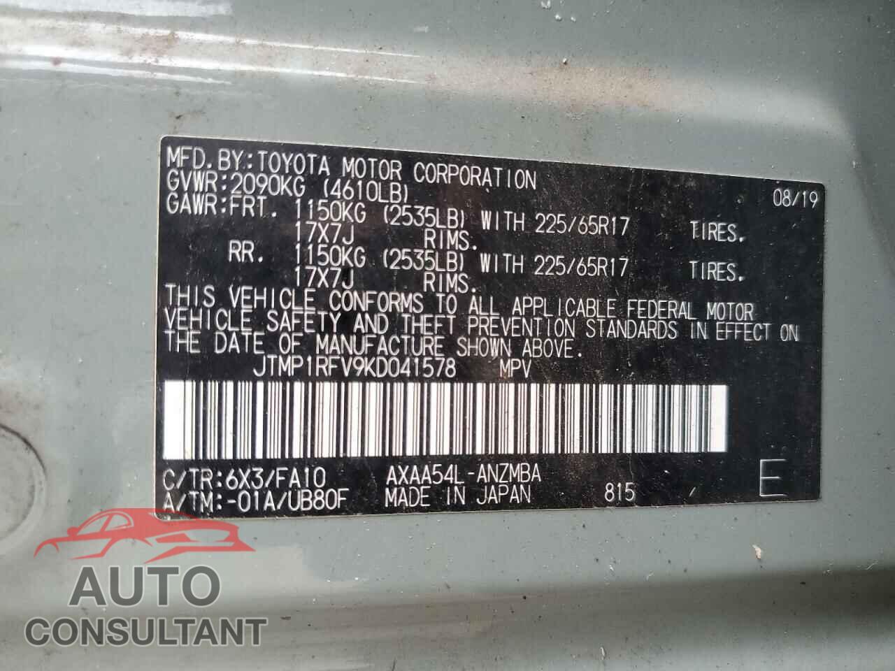 TOYOTA RAV4 2019 - JTMP1RFV9KD041578