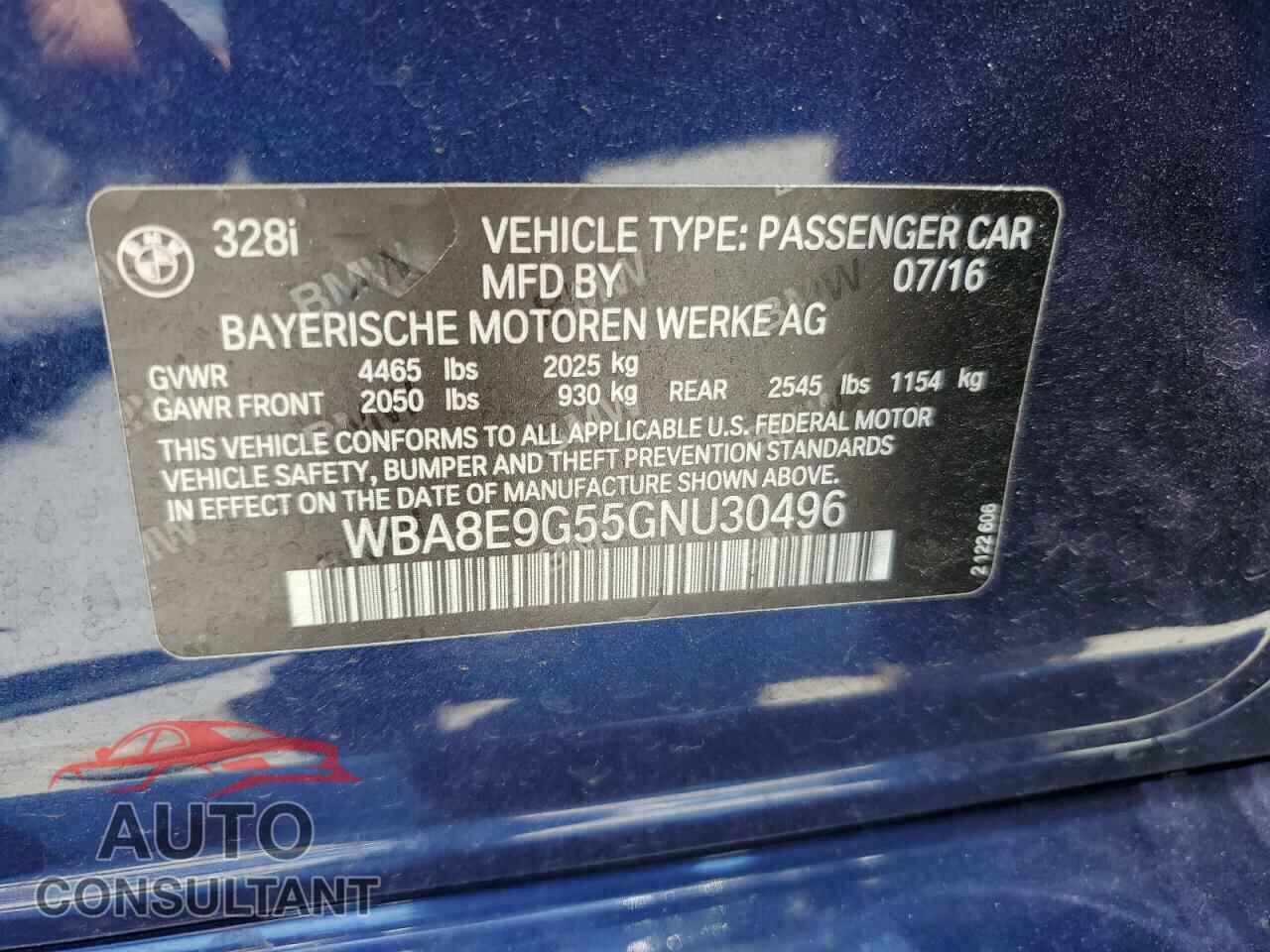 BMW 3 SERIES 2016 - WBA8E9G55GNU30496