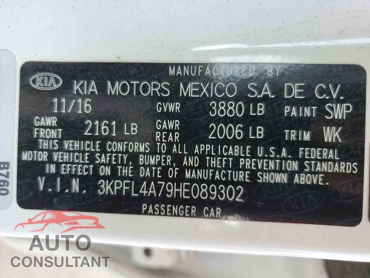 KIA FORTE 2017 - 3KPFL4A79HE089302