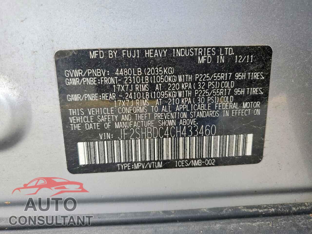 SUBARU FORESTER 2012 - JF2SHBDC4CH433460