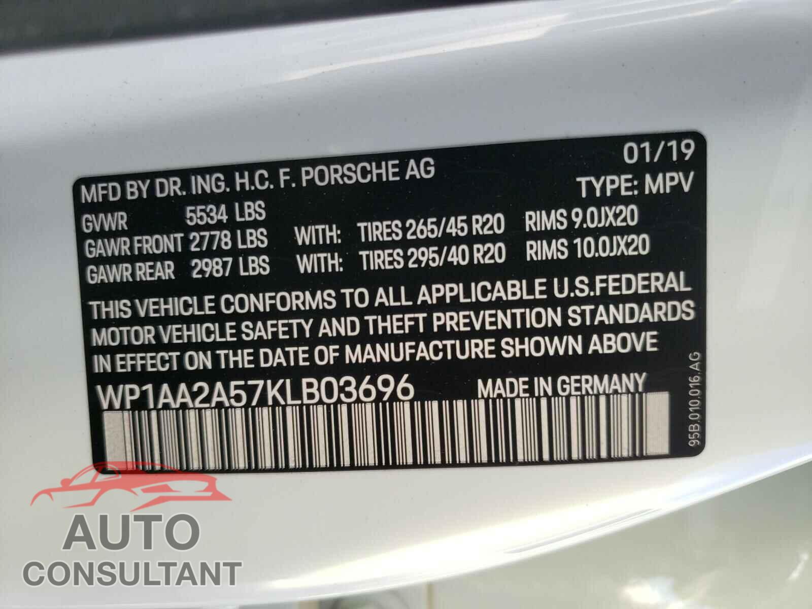 PORSCHE MACAN 2019 - WP1AA2A57KLB03696