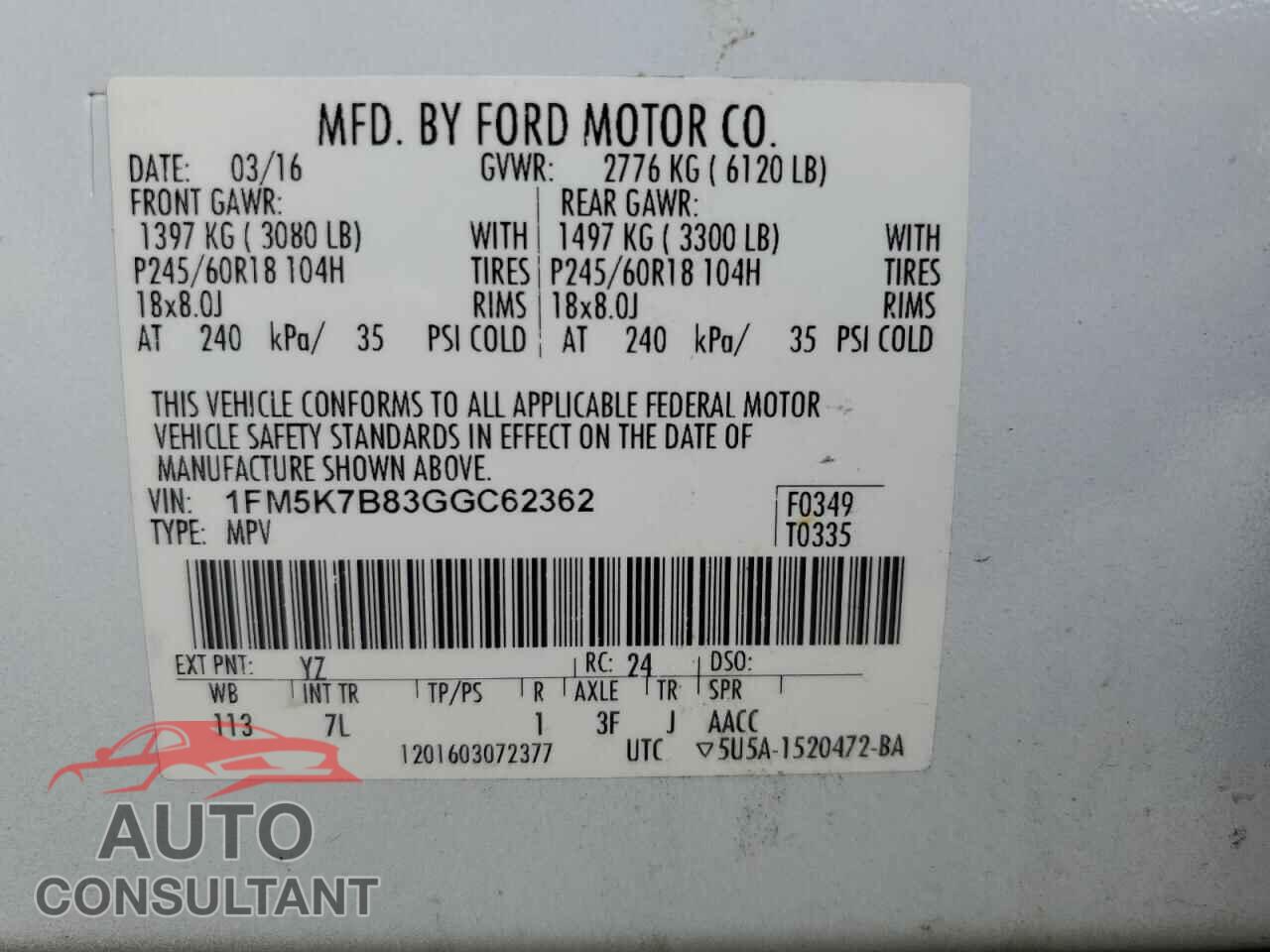 FORD EXPLORER 2016 - 1FM5K7B83GGC62362