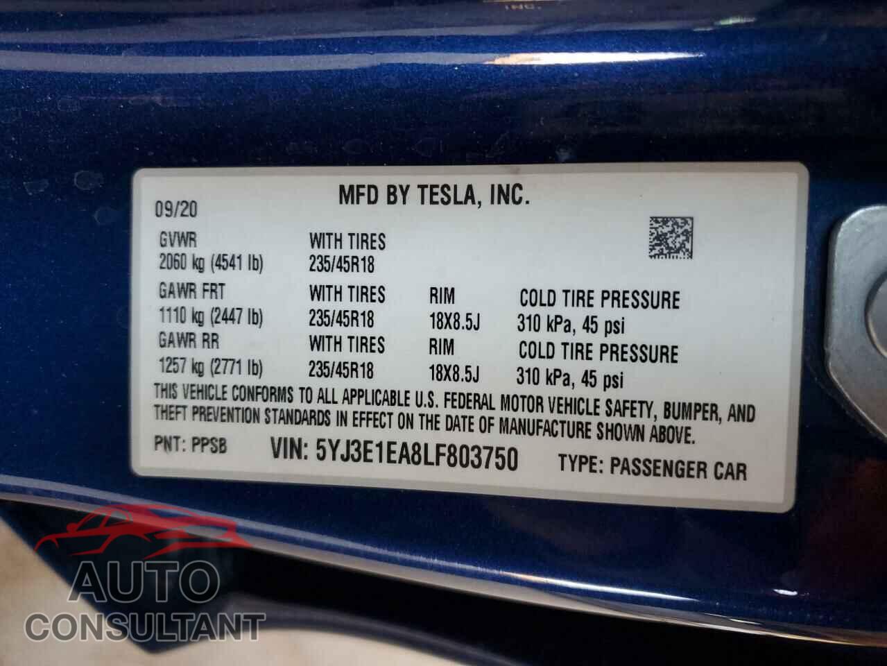 TESLA MODEL 3 2020 - 5YJ3E1EA8LF803750