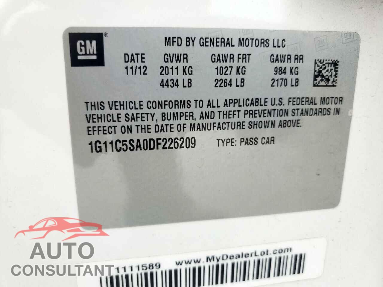 CHEVROLET MALIBU 2013 - 1G11C5SA0DF226209