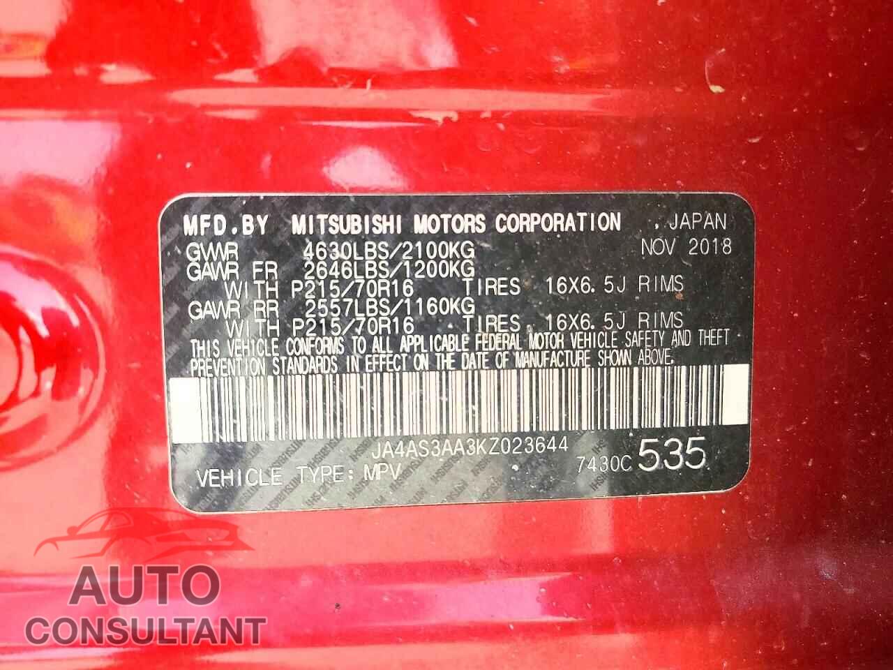 MITSUBISHI ECLIPSE 2019 - JA4AS3AA3KZ023644