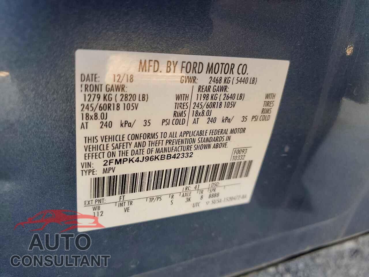 FORD EDGE 2019 - 2FMPK4J96KBB42332