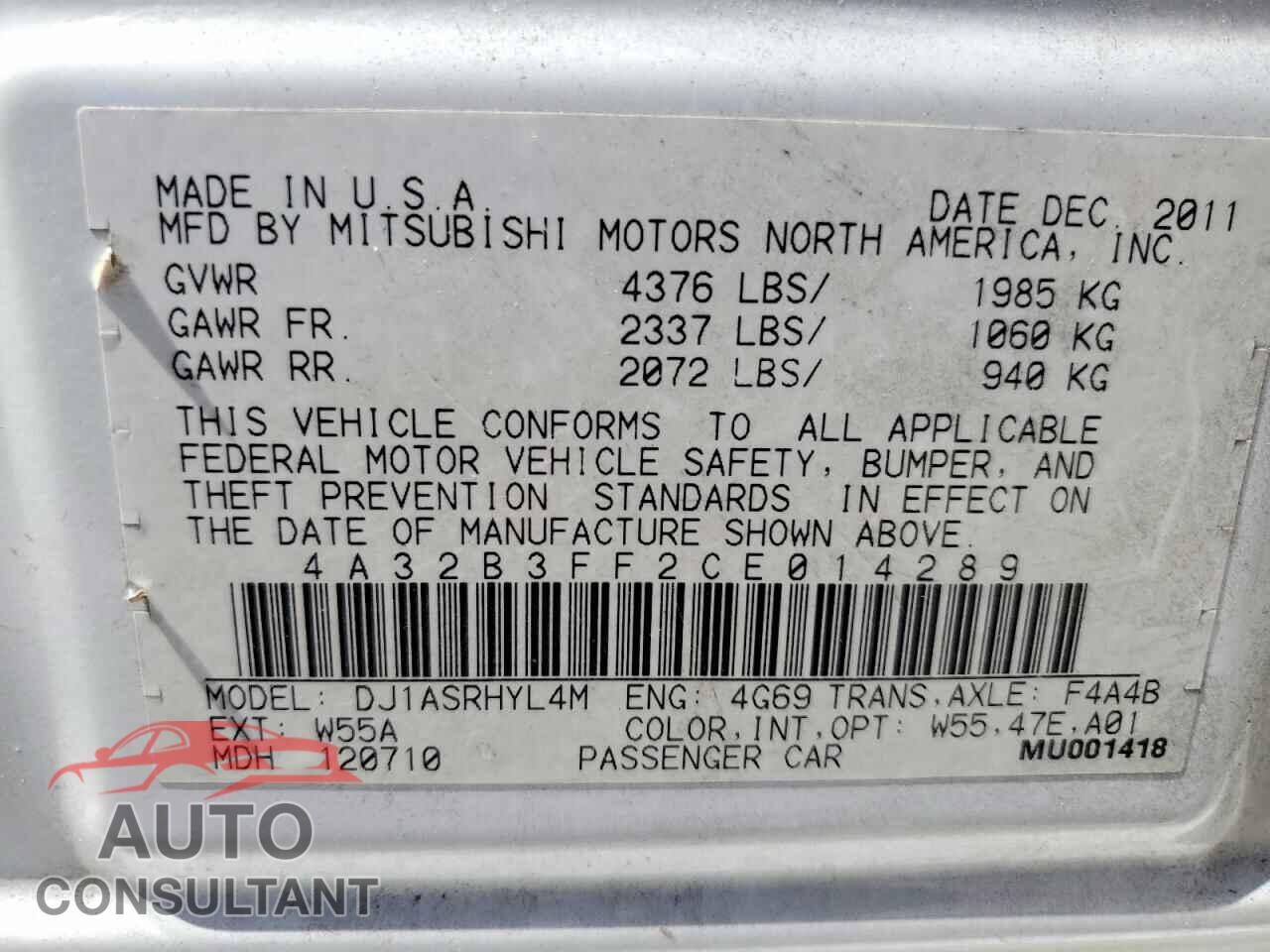 MITSUBISHI GALANT 2012 - 4A32B3FF2CE014289