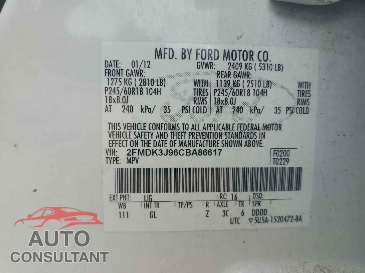 FORD EDGE 2012 - 2FMDK3J96CBA86617