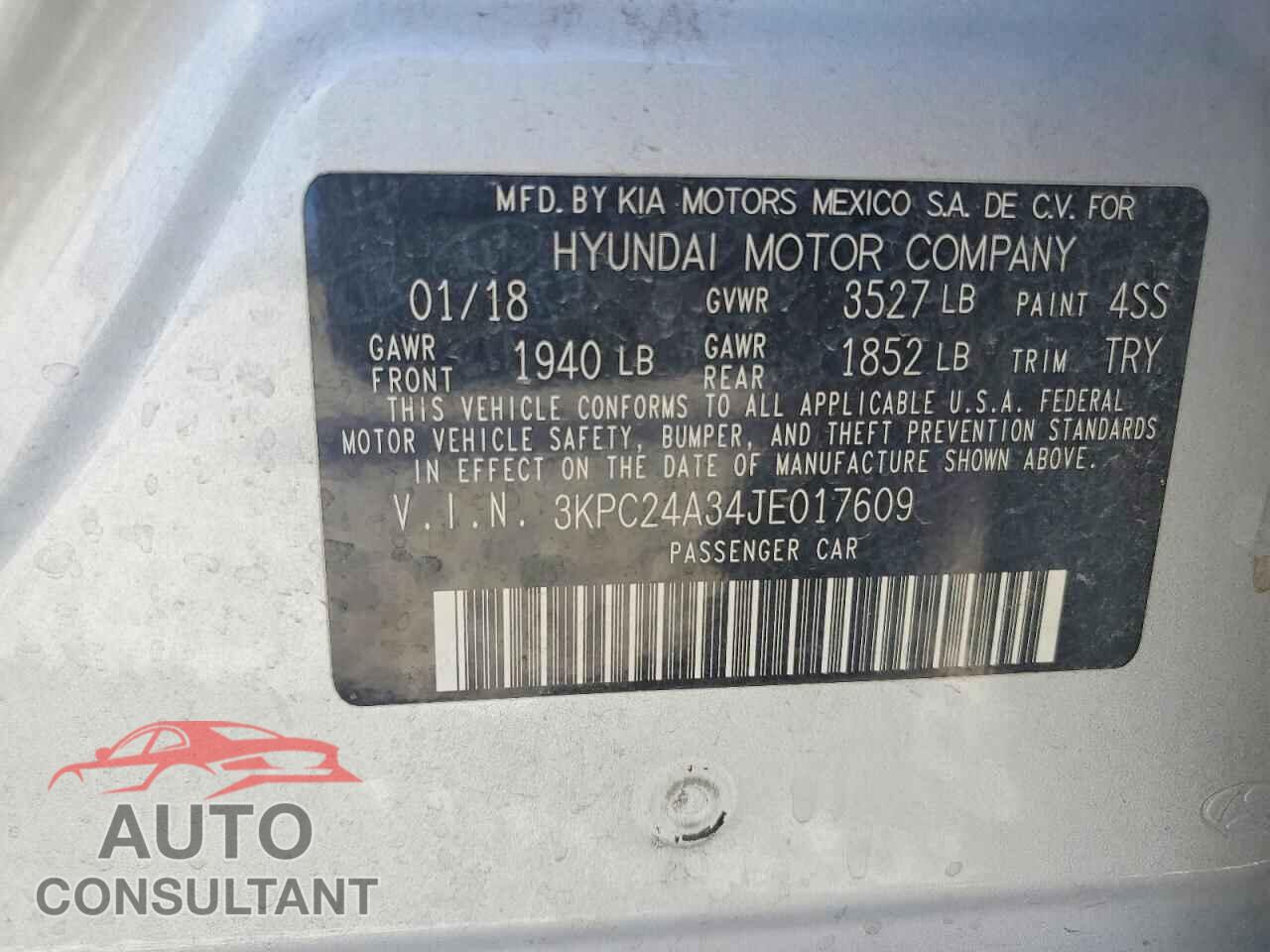 HYUNDAI ACCENT 2018 - 3KPC24A34JE017609