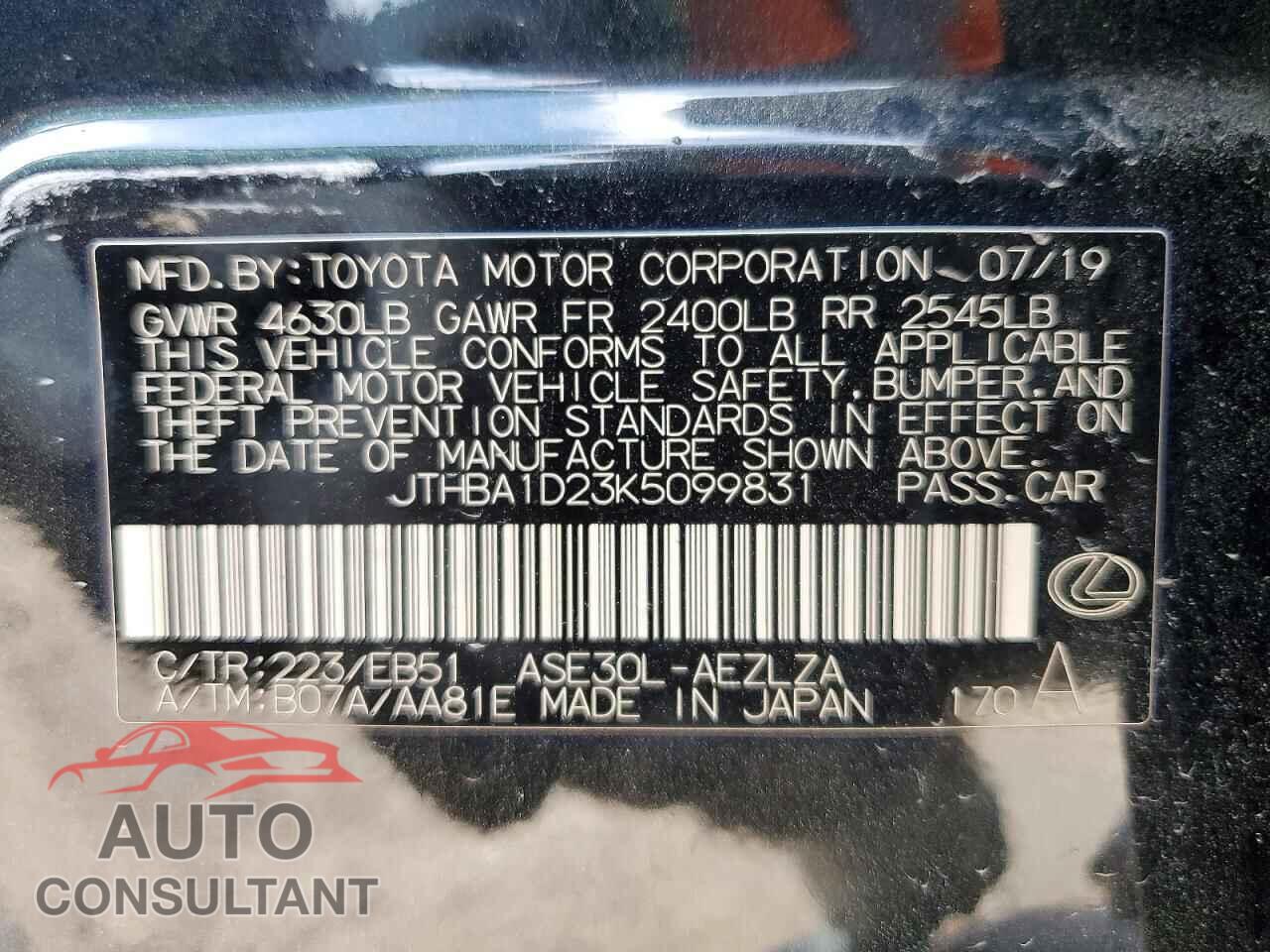 LEXUS IS 2019 - JTHBA1D23K5099831