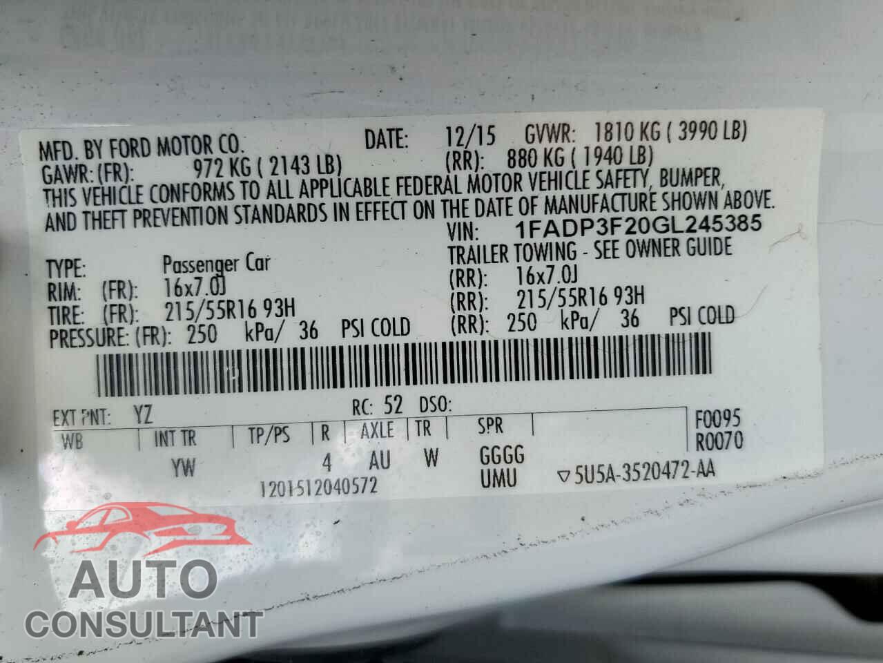 FORD FOCUS 2016 - 1FADP3F20GL245385