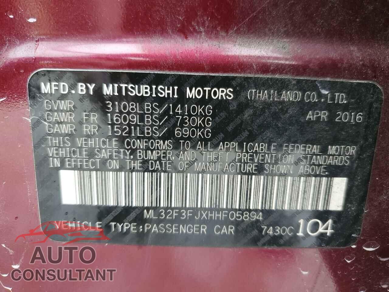 MITSUBISHI MIRAGE 2017 - ML32F3FJXHHF05894