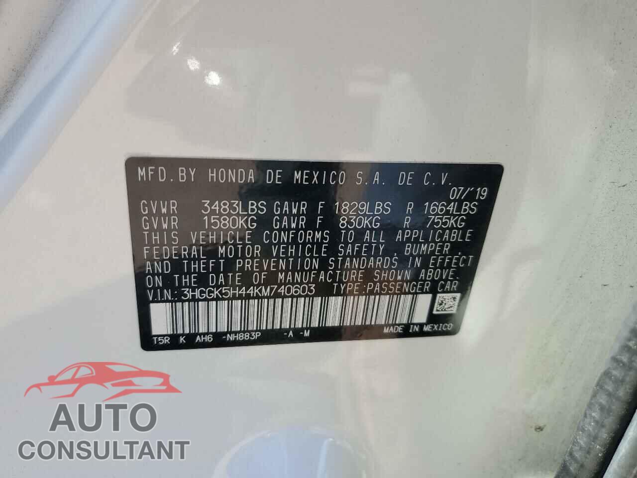 HONDA FIT 2019 - 3HGGK5H44KM740603
