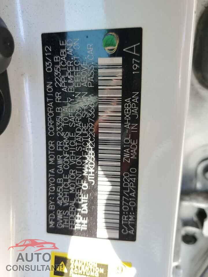 LEXUS CT 200 2012 - JTHKD5BH2C2097366
