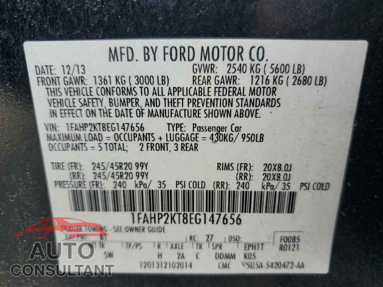 FORD TAURUS 2014 - 1FAHP2KT8EG147656