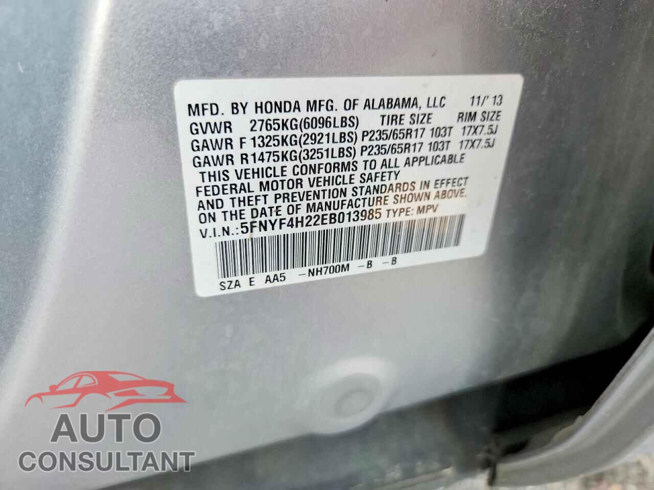 HONDA PILOT 2014 - 5FNYF4H22EB013985
